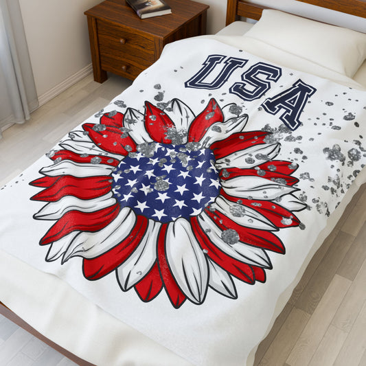 USA Sunflower Design Plush Blanket | Cozy Throw Blanket for Independence Day, Patriotic Gifts, Home Decor, USA Pride