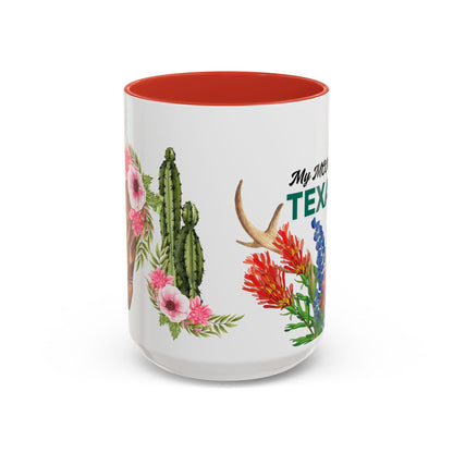 Texan Mom Accent Coffee Mug — "My MOM is a TEXAN" Floral & Cactus Gift