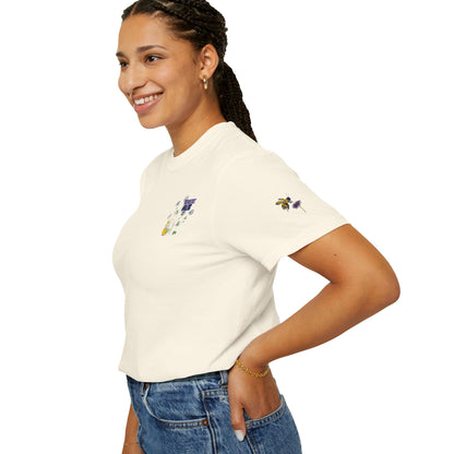 Floral Bee Chest Pocket T‑Shirt — Tiny Wildflower & Bee Graphic