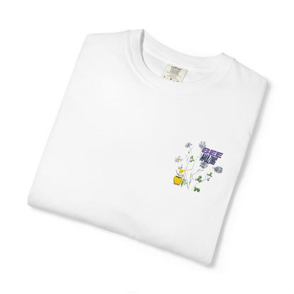Floral Bee Chest Pocket T‑Shirt — Tiny Wildflower & Bee Graphic