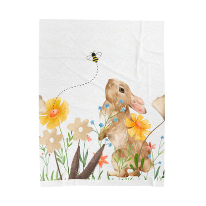 Bunny and Flowers Velveteen Plush Blanket - Cozy Spring Decor