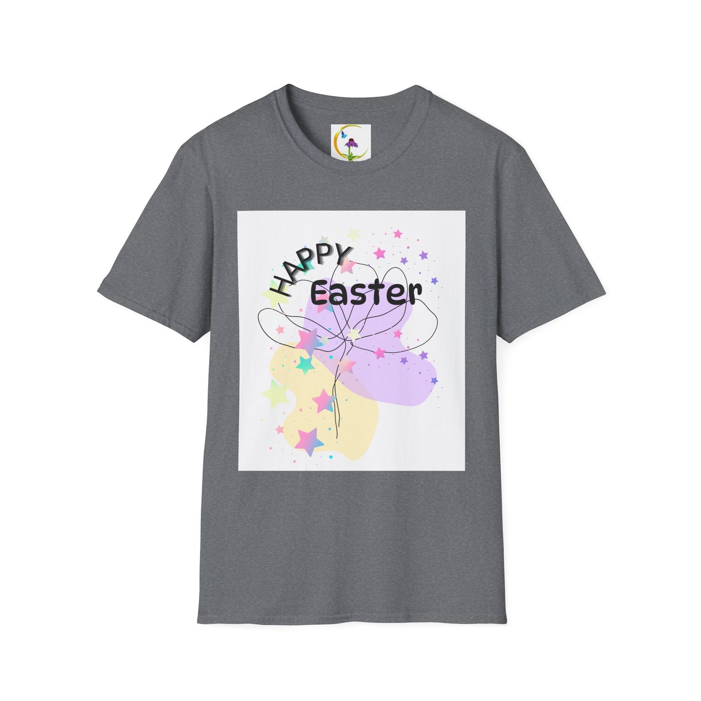 Happy Easter Unisex Softstyle T-Shirt with Floral Back Design
