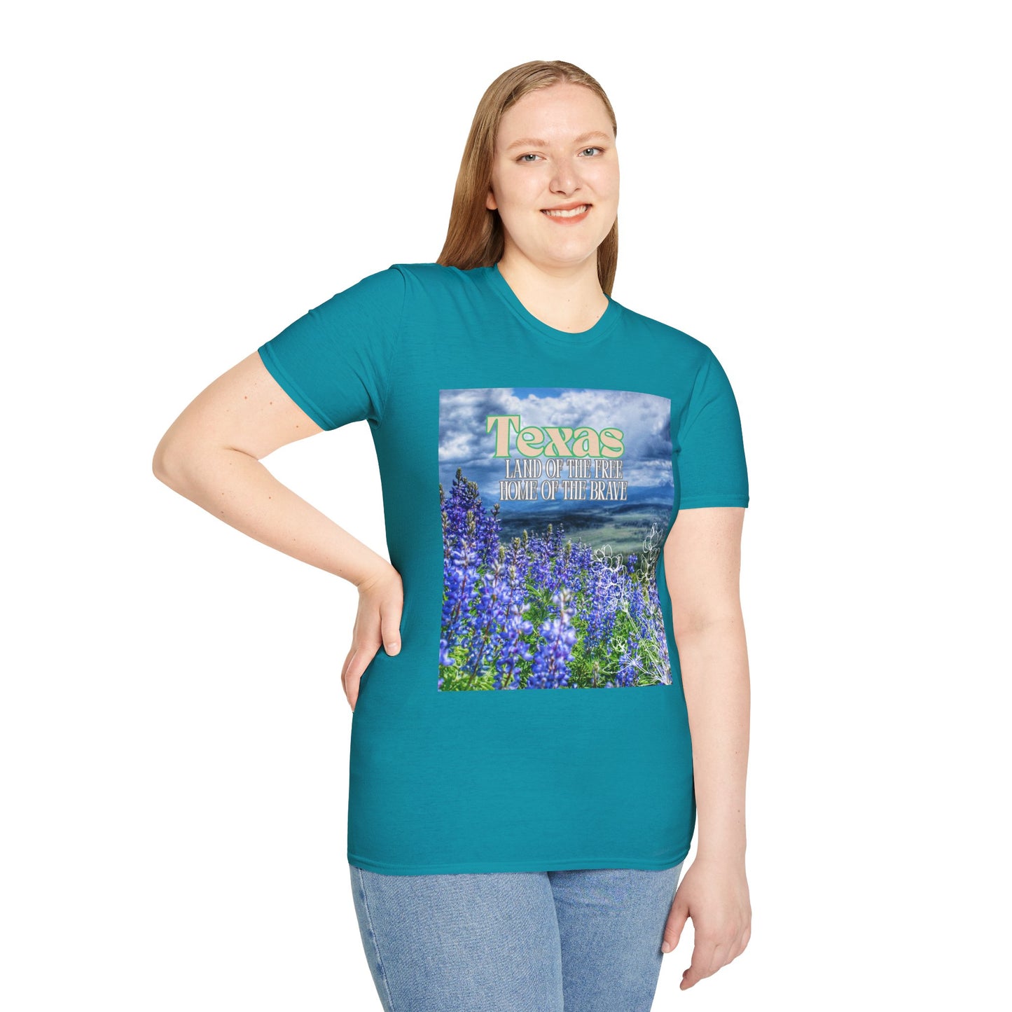 Texas Bluebonnet T-Shirt — "Texas: Land of the Free, Home of the Brave"