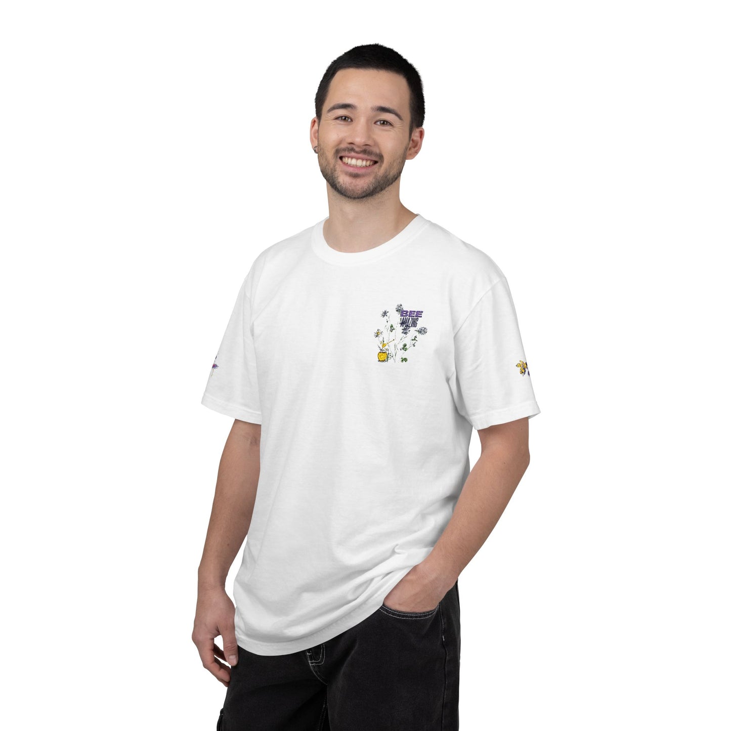 Floral Bee Chest Pocket T‑Shirt — Tiny Wildflower & Bee Graphic