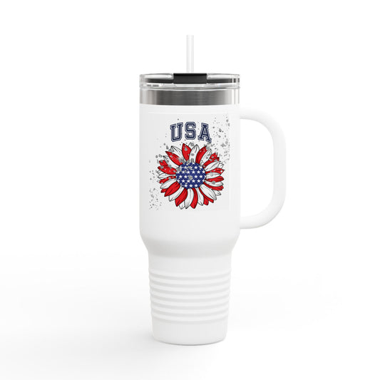 USA Patriotic Sunflower Insulated Travel Mug for Coffee Lovers, 40oz, Patriotic Gift, Adventure Companion, Summer BBQ, Camping Must-Have
