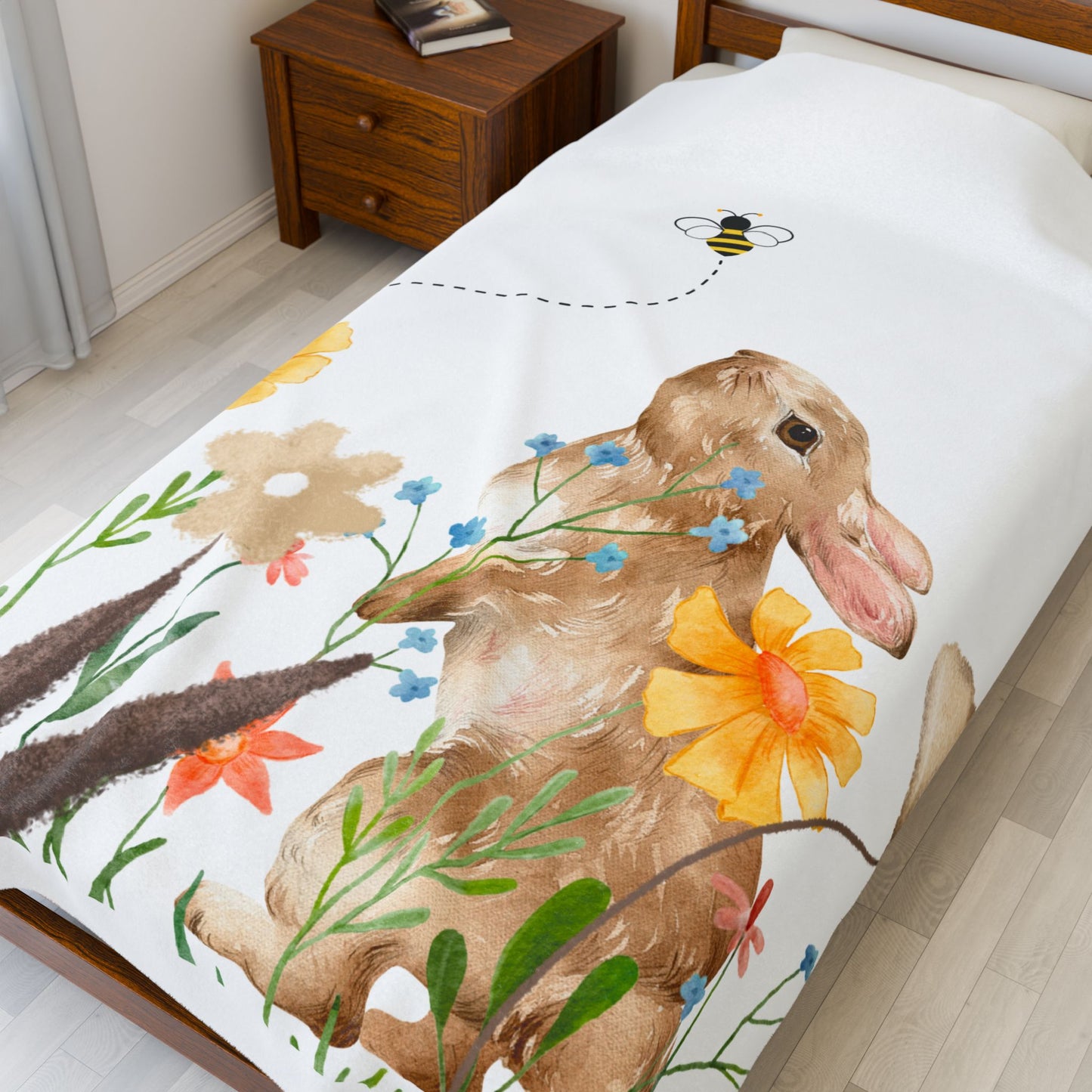 Bunny and Flowers Velveteen Plush Blanket - Cozy Spring Decor