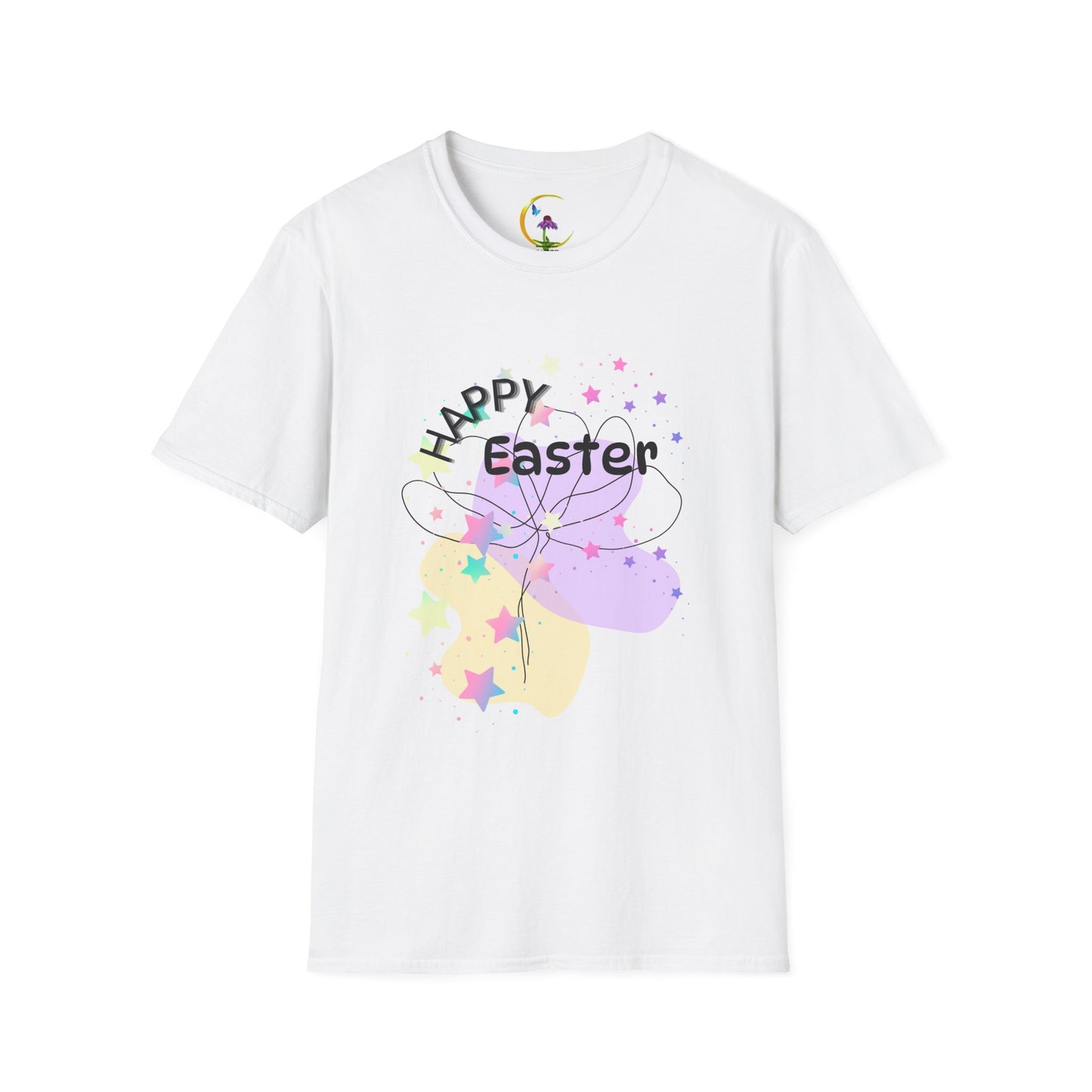 Happy Easter Unisex Softstyle T-Shirt with Floral Back Design