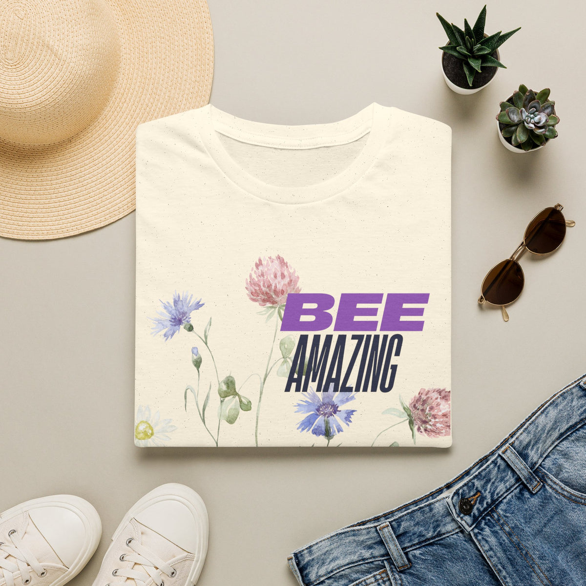Bee Tones Floral Tee — Women's Soft T-Shirt with Bees & Flowers