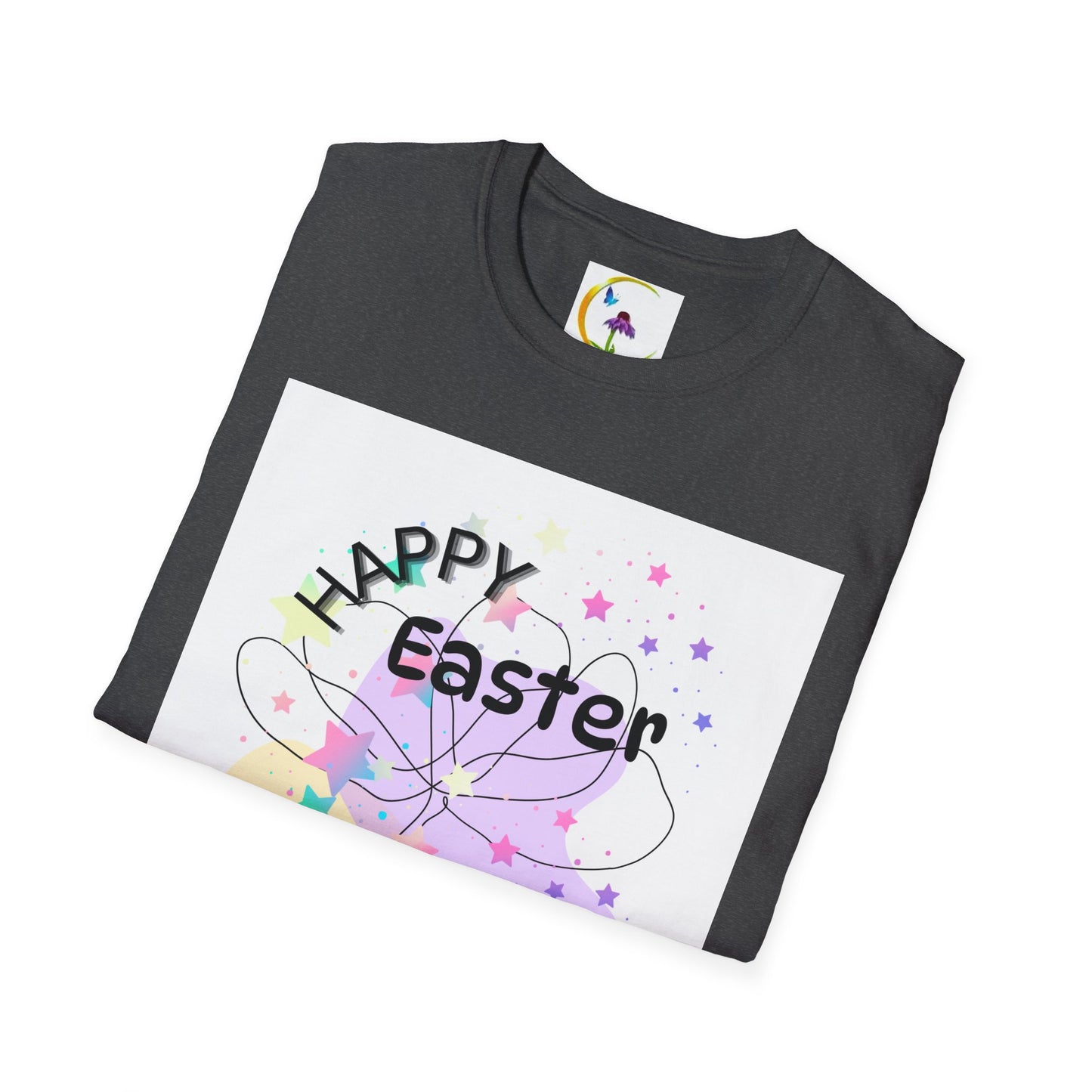 Happy Easter Unisex Softstyle T-Shirt with Floral Back Design