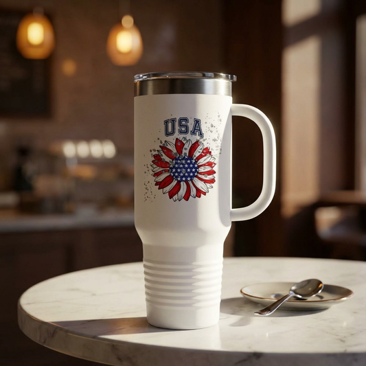 USA Floral Insulated Travel Mug for Coffee Lovers, 40oz, Patriotic Gift, Adventure Companion, Summer BBQ, Camping Must-Have