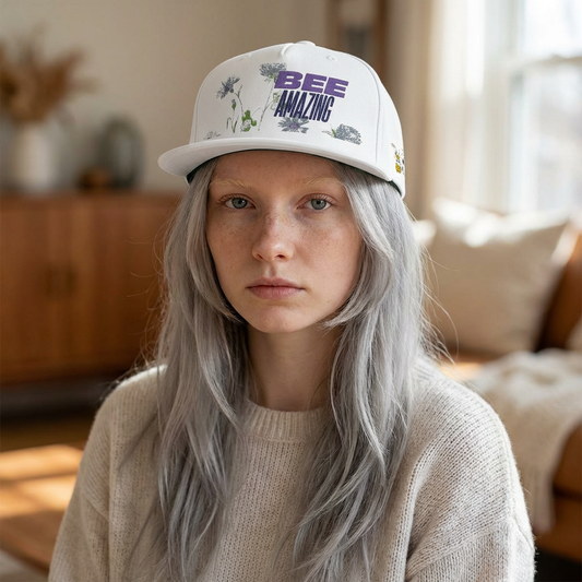Flat Bill Cap - "Bee Amazing" Embroidered Floral Snapback