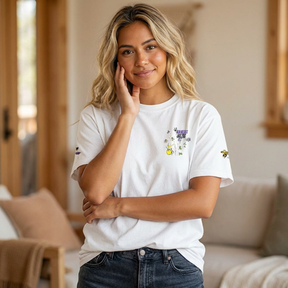 Floral Bee Pocket T-Shirt — Small Chest Bouquet with Sleeve Bee Accents