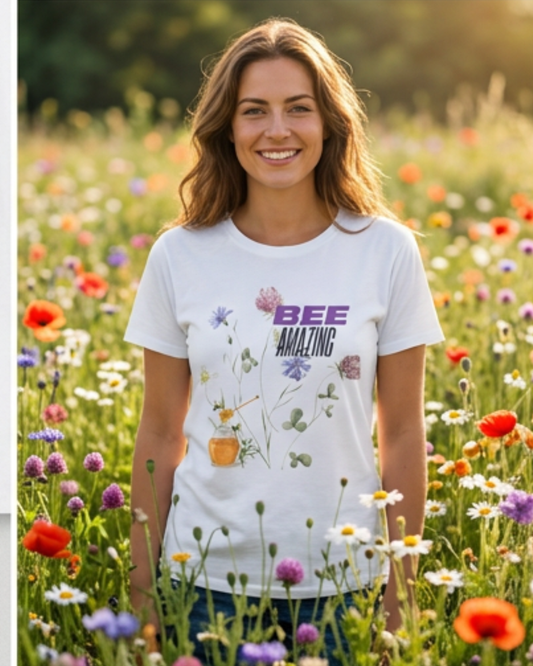 Bee Tones Floral Tee — Women's Soft T-Shirt with Bees & Flowers