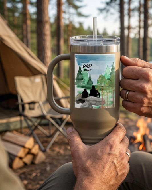 Dad Time 40oz Insulated Travel Mug – Scenic Nature Tumbler with Handle