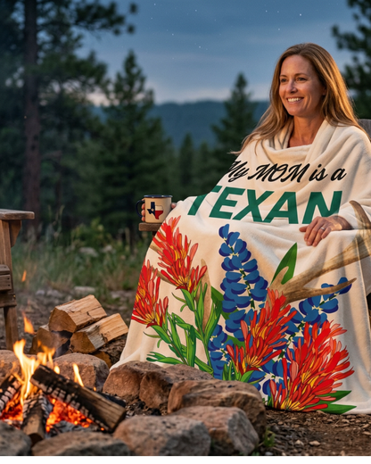 My MOM is a TEXAN Plush Blanket — Texas Bluebonnet & Wildflower Velveteen Throw