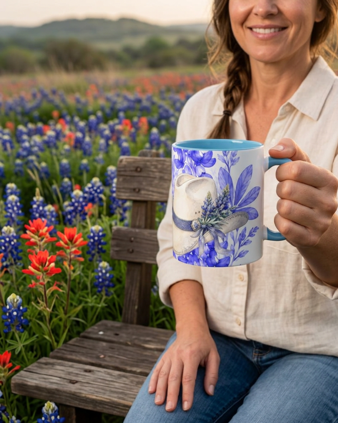 Cowboy Hat Bluebonnet Accent Coffee Mug – Texas Wildflower Floral Tea Cup (11/15oz)