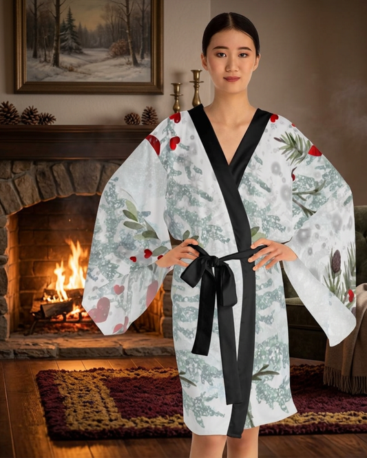 Her Heart Floral Kimono Robe —Silky Holiday Pine & Red Heart Print