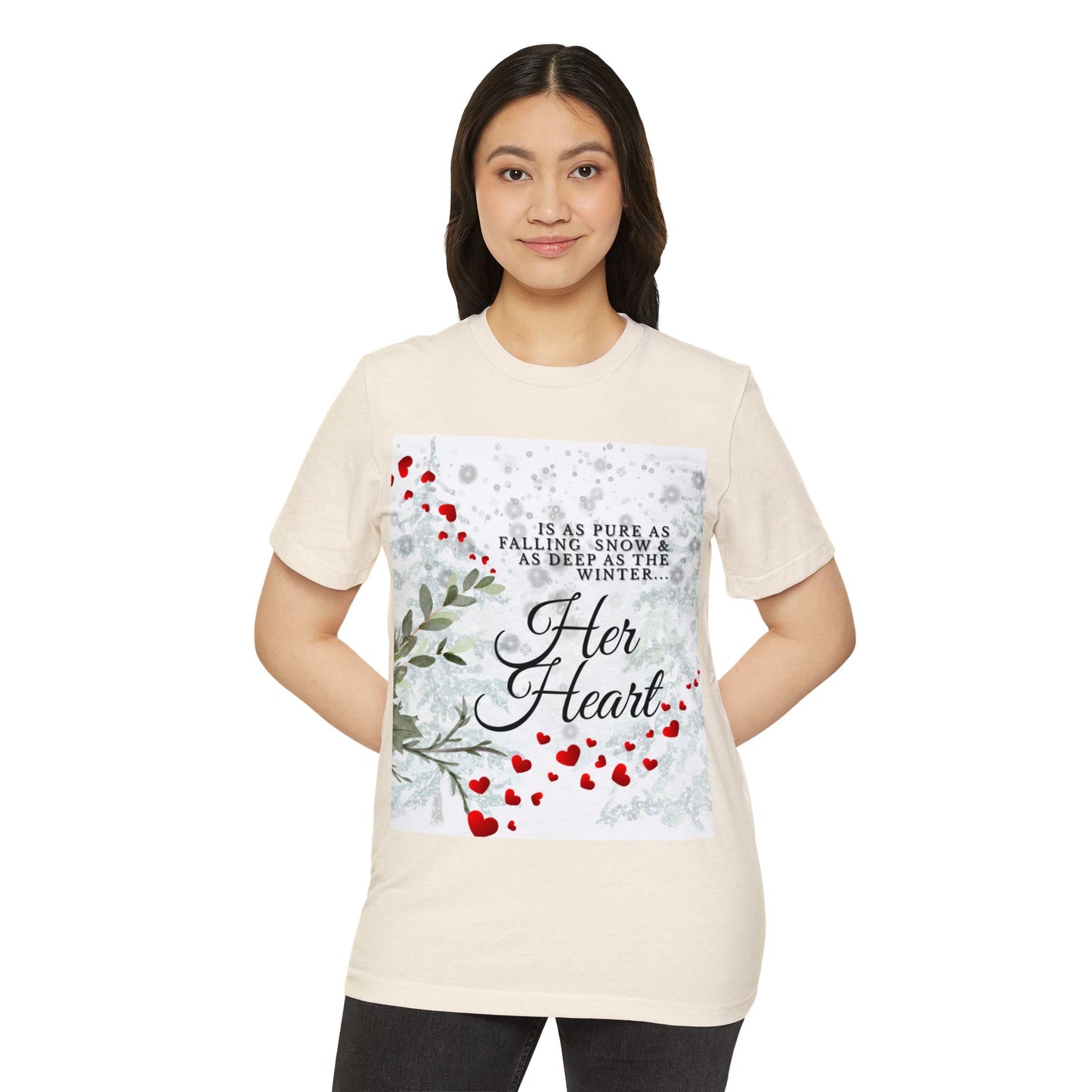 Her Heart Winter Floral T-Shirt — Romantic Snow & Red Berries Design