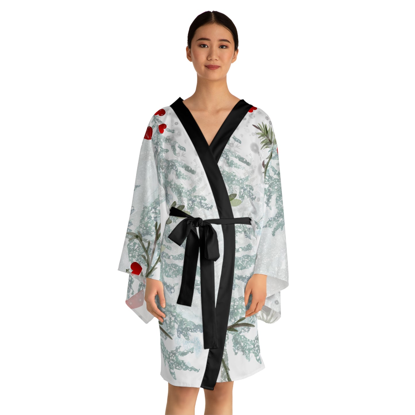 Her Heart Floral Kimono Robe —Silky Holiday Pine & Red Heart Print