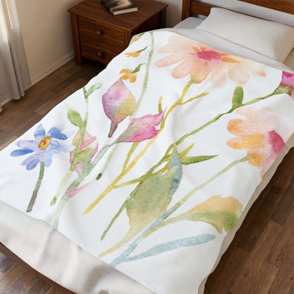 Floral Watercolor Velveteen Plush Blanket — Soft Spring Flower Throw