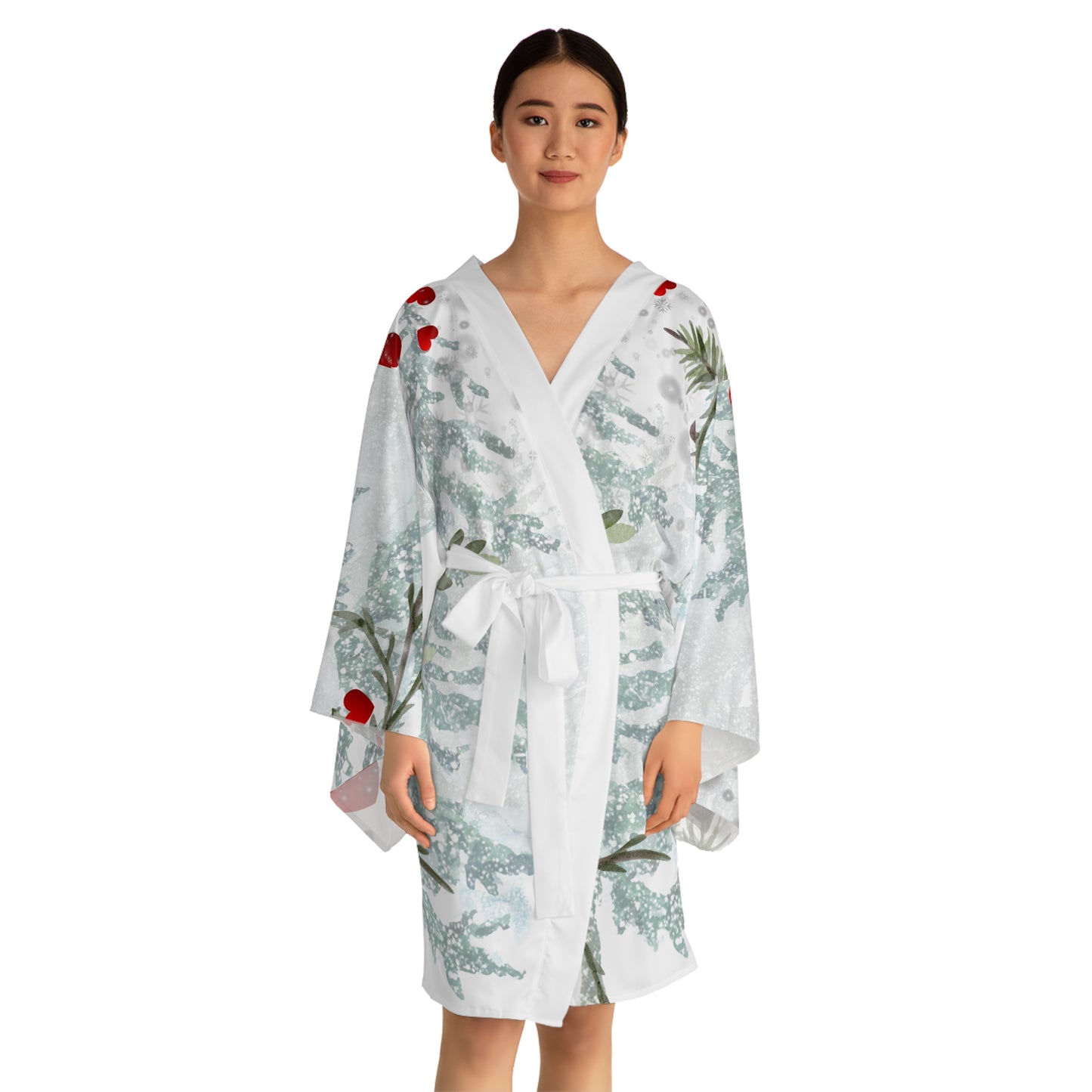Her Heart Floral Kimono Robe —Silky Holiday Pine & Red Heart Print