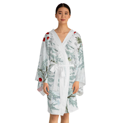 Her Heart Floral Kimono Robe —Silky Holiday Pine & Red Heart Print