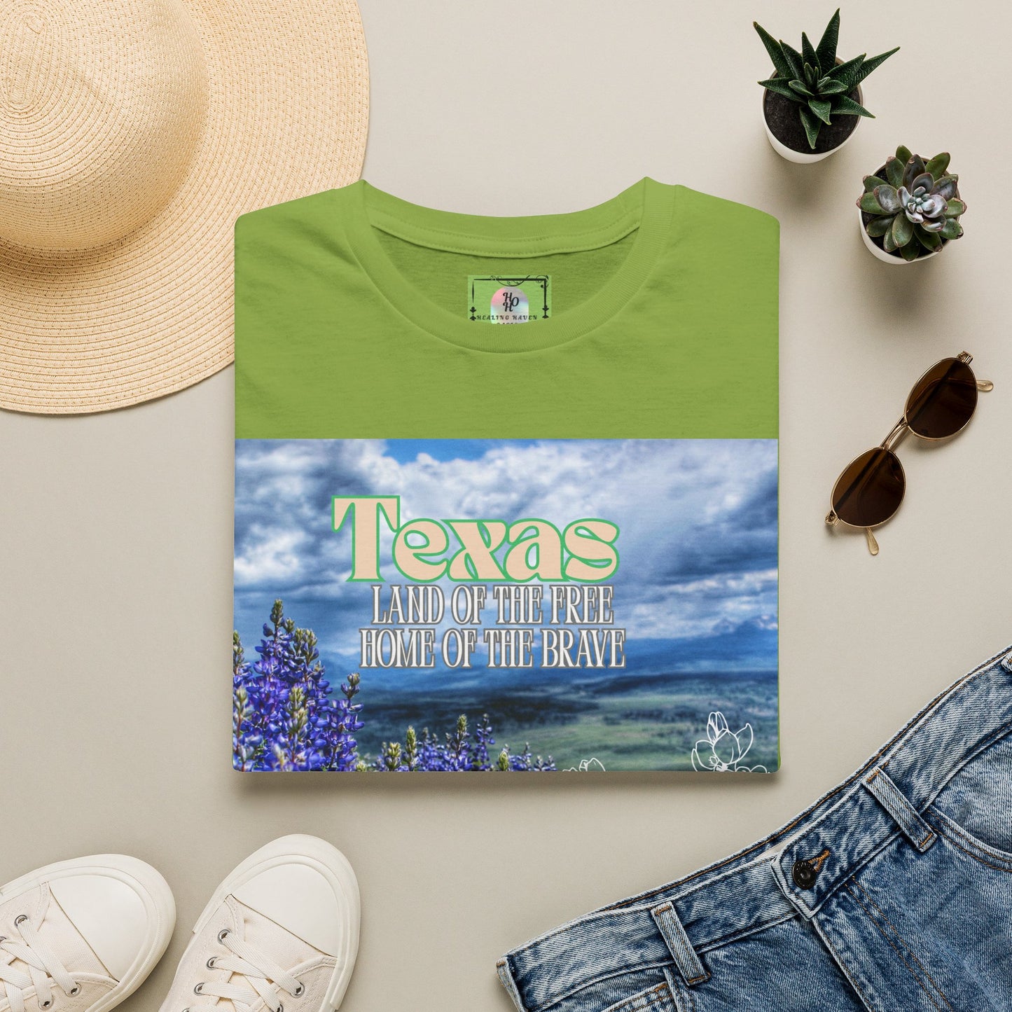 Texas Bluebonnet T-Shirt — "Texas: Land of the Free, Home of the Brave"