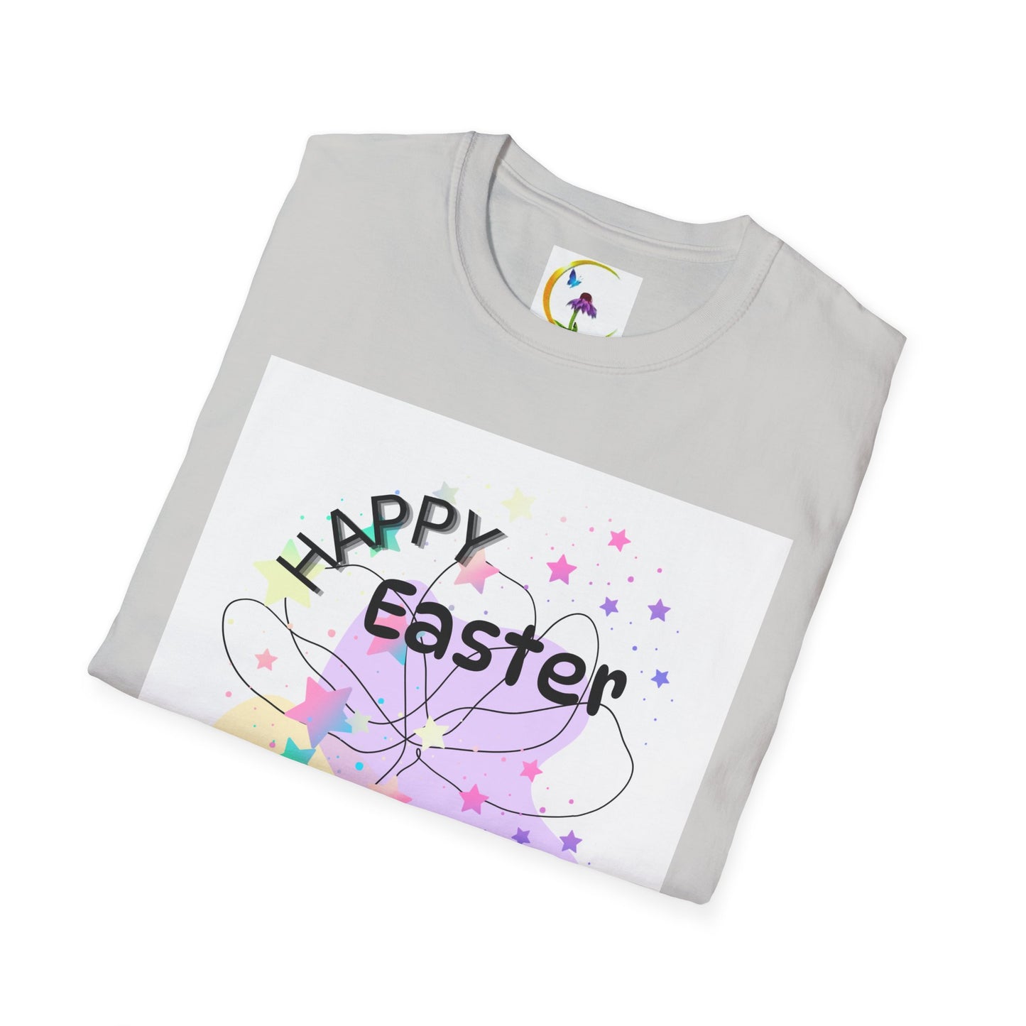 Happy Easter Unisex Softstyle T-Shirt with Floral Back Design