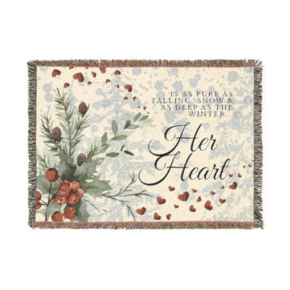 Her Heart Woven Blanket — Vintage Botanical Throw with Script