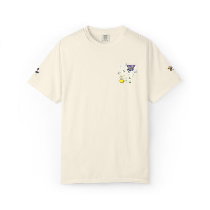 Floral Bee Pocket T-Shirt — Small Chest Bouquet with Sleeve Bee Accents