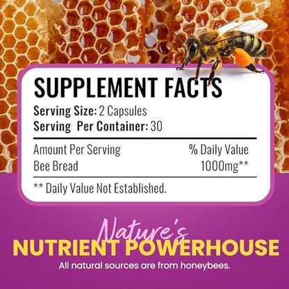 HONEYBEEZONE-Bee Bread Capsules – Nutrient-Rich Superfood for Energy Boost, Immune Support Supplement | Non-GMO, Gluten-Free, 60 Easy-to-Swallow Veggie Capsules