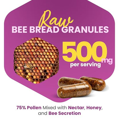 HONEYBEEZONE-Bee Bread Capsules – Nutrient-Rich Superfood for Energy Boost, Immune Support Supplement | Non-GMO, Gluten-Free, 60 Easy-to-Swallow Veggie Capsules