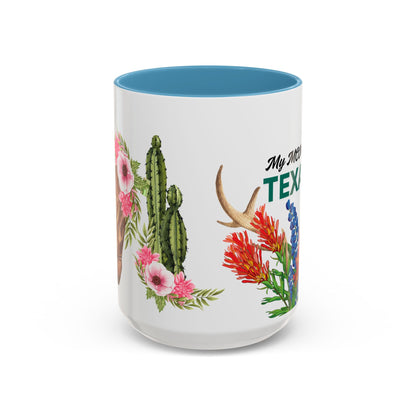 Texan Mom Accent Coffee Mug — "My MOM is a TEXAN" Floral & Cactus Gift