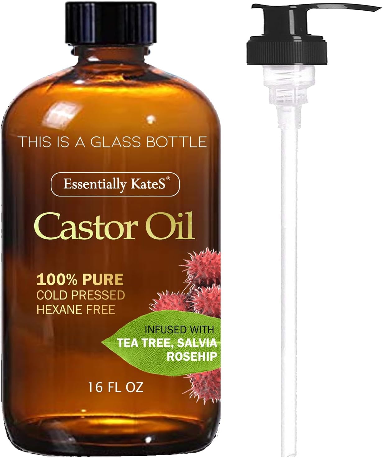 Castor Oil 16 Fl Oz (Glass Bottle) - Original Unrefine0% Pure and Natural, Cold Pressed, and Hexane-Free - Hair Oil, Body Oil