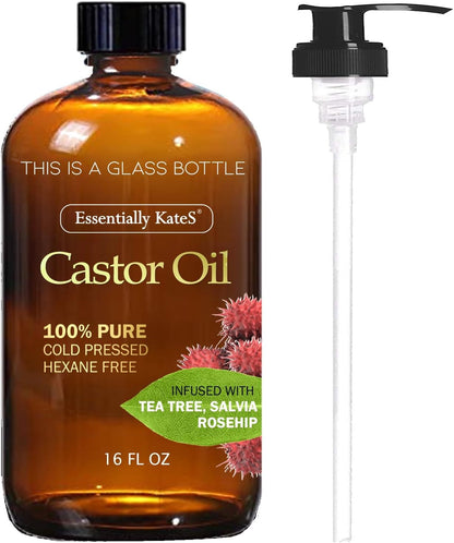 Castor Oil 16 Fl Oz (Glass Bottle) - Original Unrefine0% Pure and Natural, Cold Pressed, and Hexane-Free - Hair Oil, Body Oil