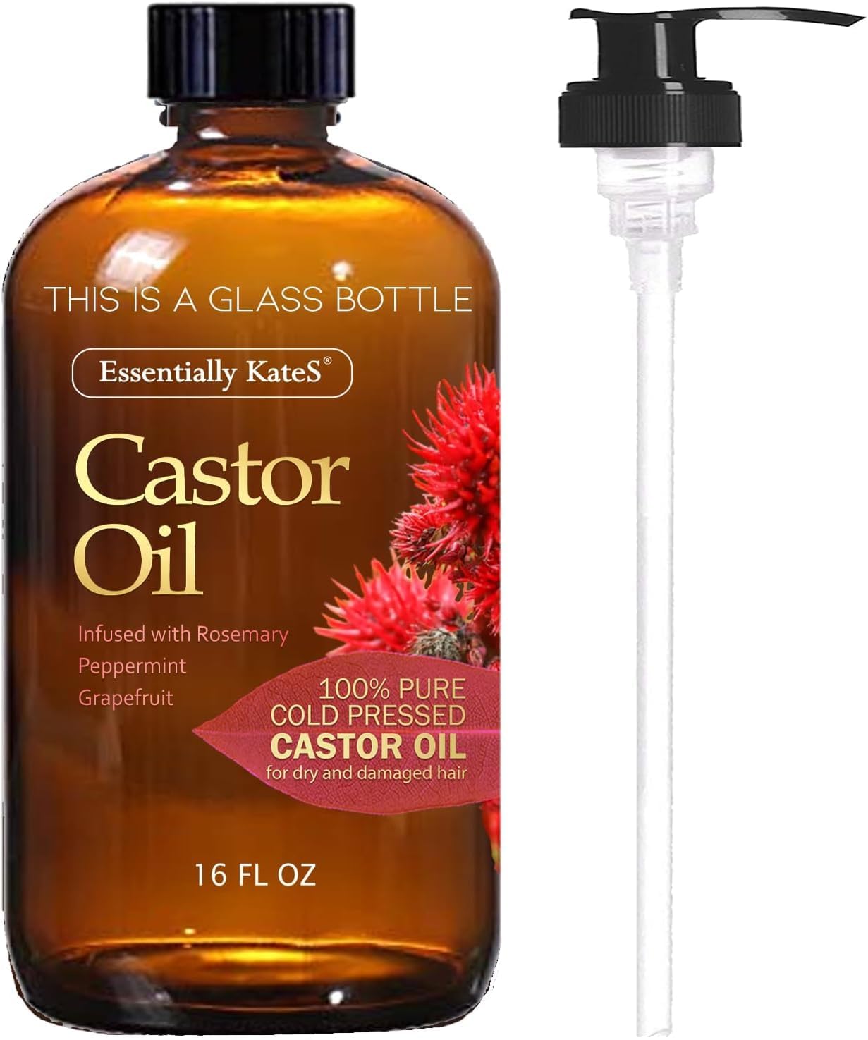 Castor Oil 16 Fl Oz (Glass Bottle) - Original Unrefine0% Pure and Natural, Cold Pressed, and Hexane-Free - Hair Oil, Body Oil