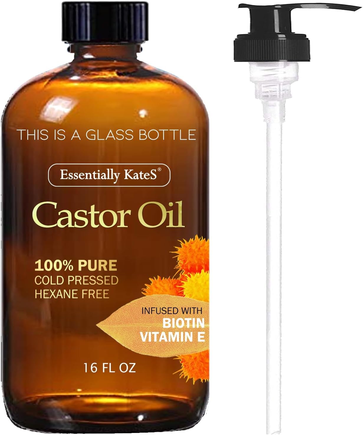 Castor Oil 16 Fl Oz (Glass Bottle) - Original Unrefine0% Pure and Natural, Cold Pressed, and Hexane-Free - Hair Oil, Body Oil
