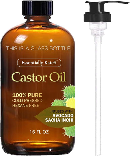 Castor Oil 16 Fl Oz (Glass Bottle) - Original Unrefine0% Pure and Natural, Cold Pressed, and Hexane-Free - Hair Oil, Body Oil