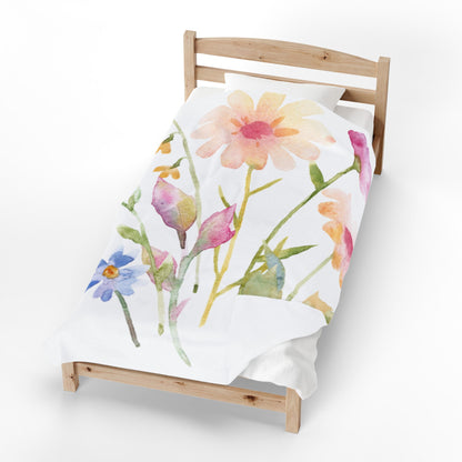 Floral Watercolor Velveteen Plush Blanket — Soft Spring Flower Throw