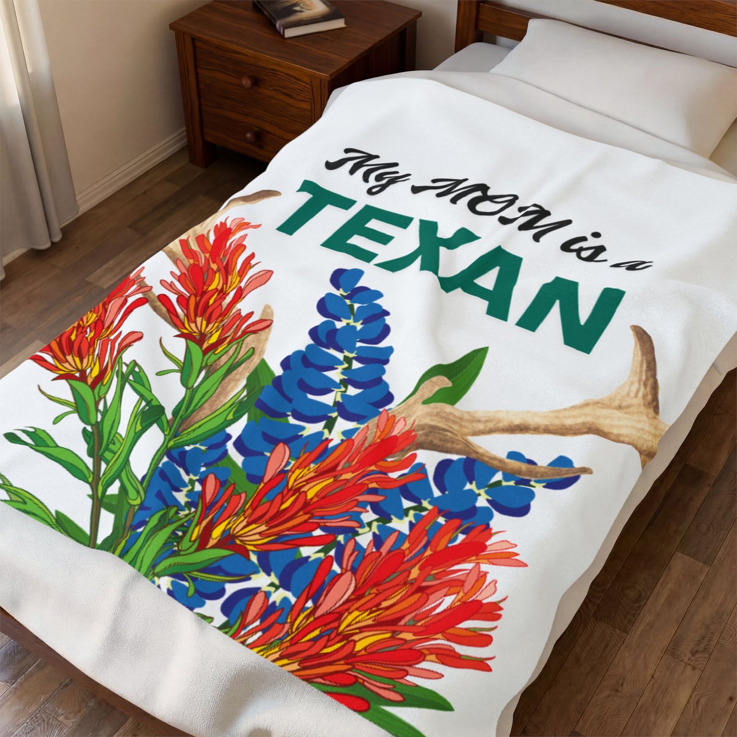 My MOM is a TEXAN Plush Blanket — Texas Bluebonnet & Wildflower Velveteen Throw