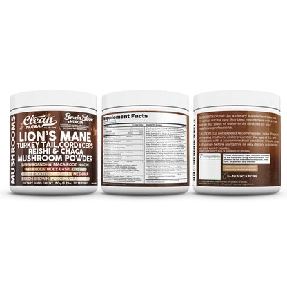 Clean Nutra Lion's Mane Turkey Tail Cordyceps Reishi Chaga Mushroom Powder + Ashwagandha Niacin Calm Stress Memory Adrenal Support Supplements Maca Rhodiola Holy Basil Apaptogen Supplement Unflavored