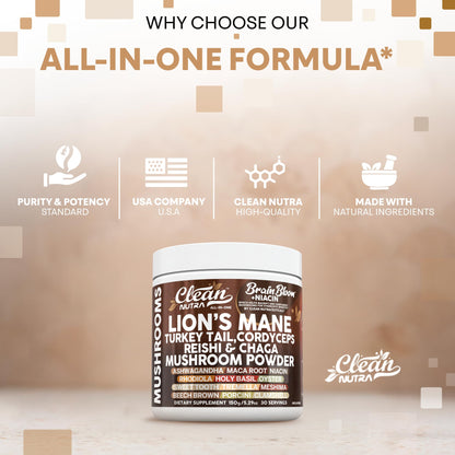 Clean Nutra Lion's Mane Turkey Tail Cordyceps Reishi Chaga Mushroom Powder + Ashwagandha Niacin Calm Stress Memory Adrenal Support Supplements Maca Rhodiola Holy Basil Apaptogen Supplement Unflavored