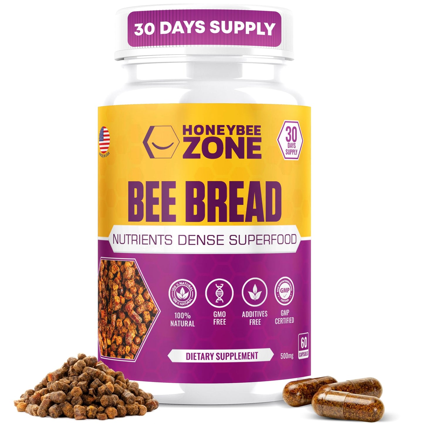 HONEYBEEZONE-Bee Bread Capsules – Nutrient-Rich Superfood for Energy Boost, Immune Support Supplement | Non-GMO, Gluten-Free, 60 Easy-to-Swallow Veggie Capsules