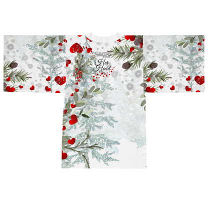 Her Heart Floral Kimono Robe —Silky Holiday Pine & Red Heart Print