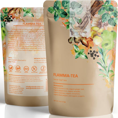 Gardenika Organic Flamma-tea Loose Leaf Tea | Premium Turmeric Ginger Blend with Cinnamon, Peppermint & Black Pepper | 100% Natural, Caffeine Free Herbal Wellness Tea | 4oz (113g)