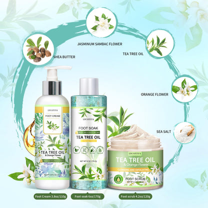 LUCOTIYA Tea Tree & Orange Flower Foot Soak Set - Salts, Foot File, Scrub & Urea Cream Pedicure Supplies for Dry, Cracked Feet - Foot Spa Pedicure Kit for Women Men