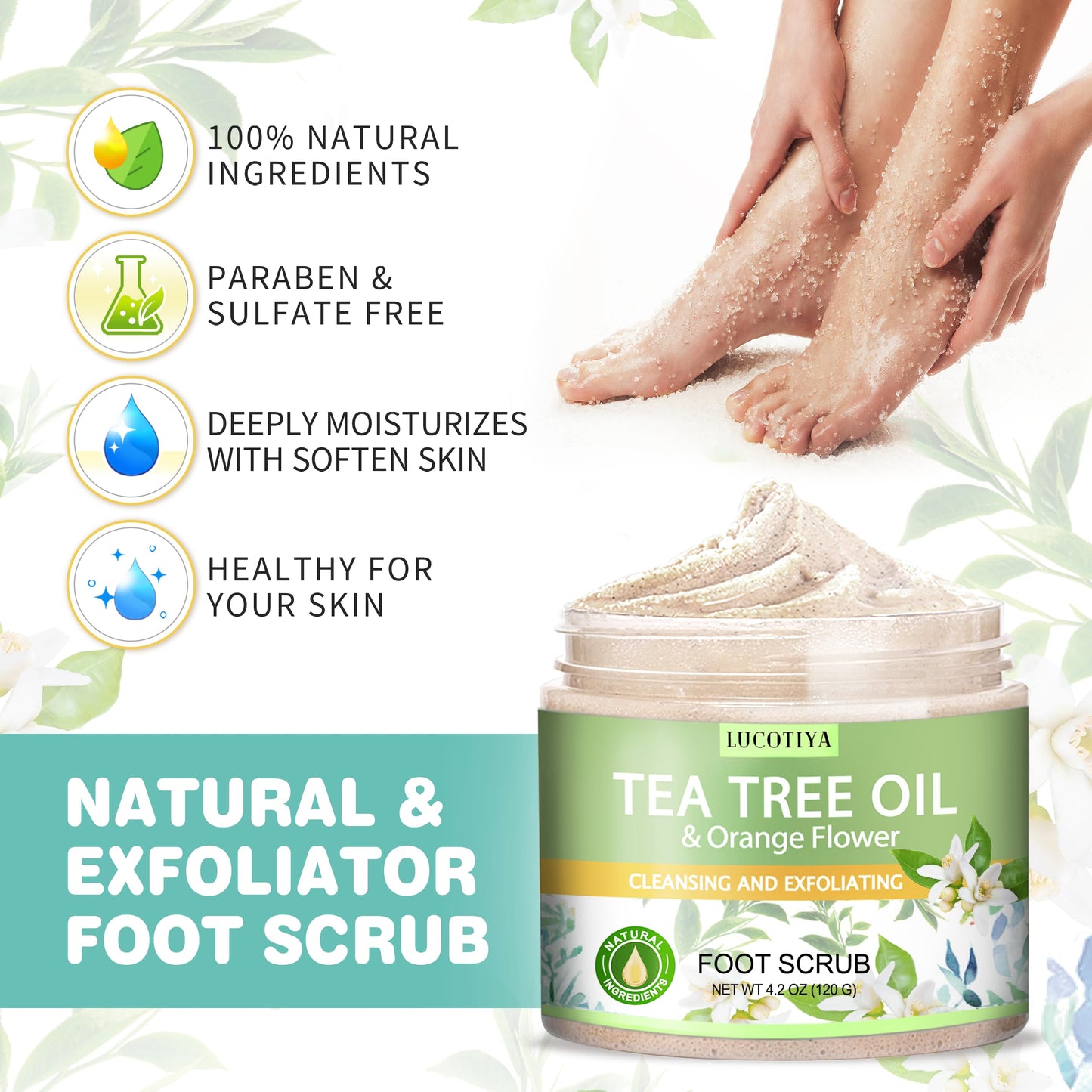 LUCOTIYA Tea Tree & Orange Flower Foot Soak Set - Salts, Foot File, Scrub & Urea Cream Pedicure Supplies for Dry, Cracked Feet - Foot Spa Pedicure Kit for Women Men