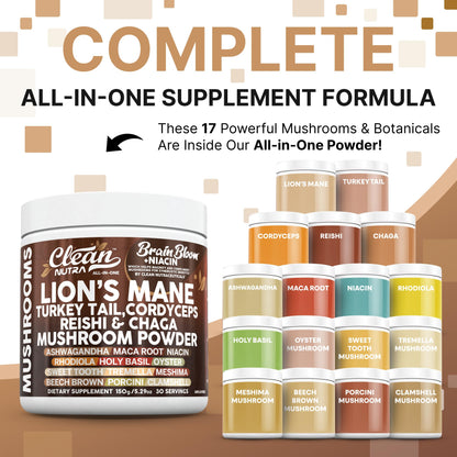 Clean Nutra Lion's Mane Turkey Tail Cordyceps Reishi Chaga Mushroom Powder + Ashwagandha Niacin Calm Stress Memory Adrenal Support Supplements Maca Rhodiola Holy Basil Apaptogen Supplement Unflavored