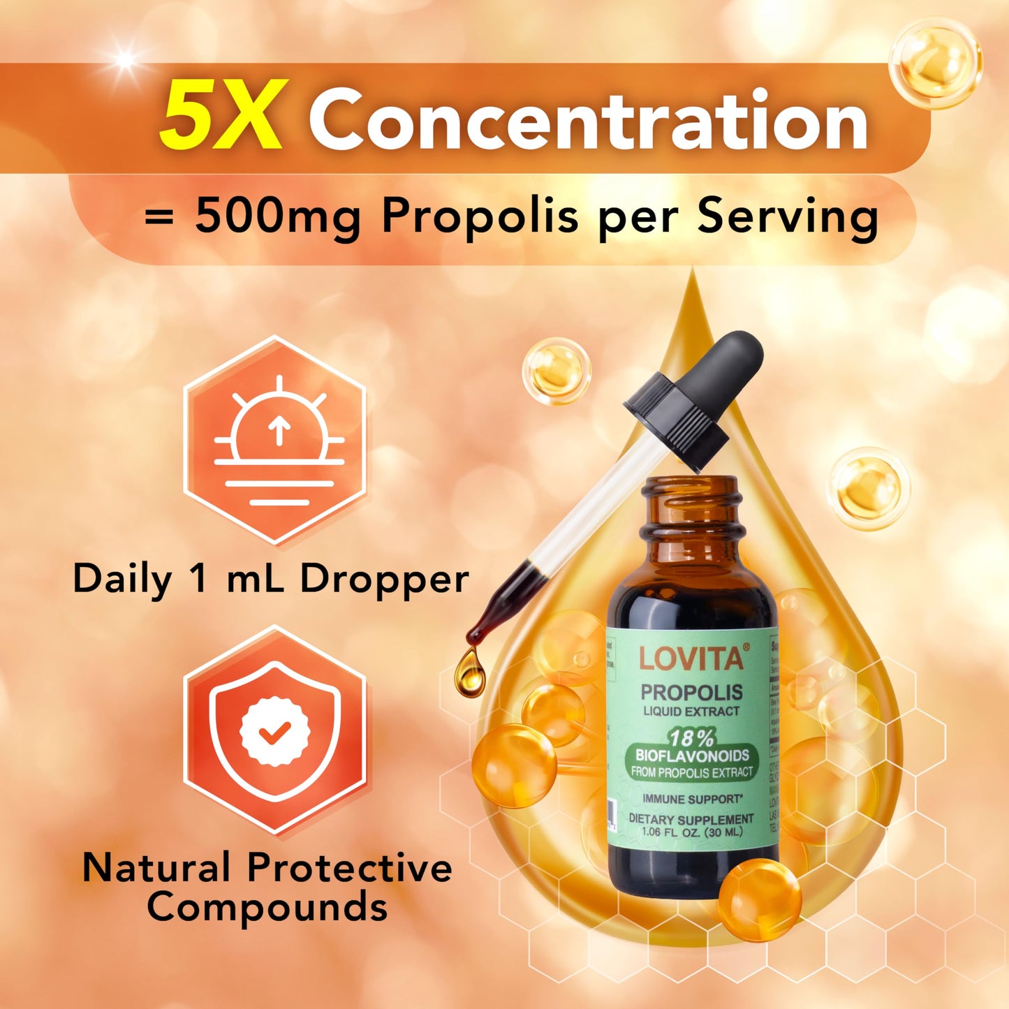 Bee Propolis Liquid Extract 500mg, 5:1 Resin Drops with 18% Bioflavonoids, Alcohol-Free Antioxidant, Immune Support & Throat Soothing, Gluten-Free, Non-GMO, 1 Fl Oz (30 mL), 30 Day Supply