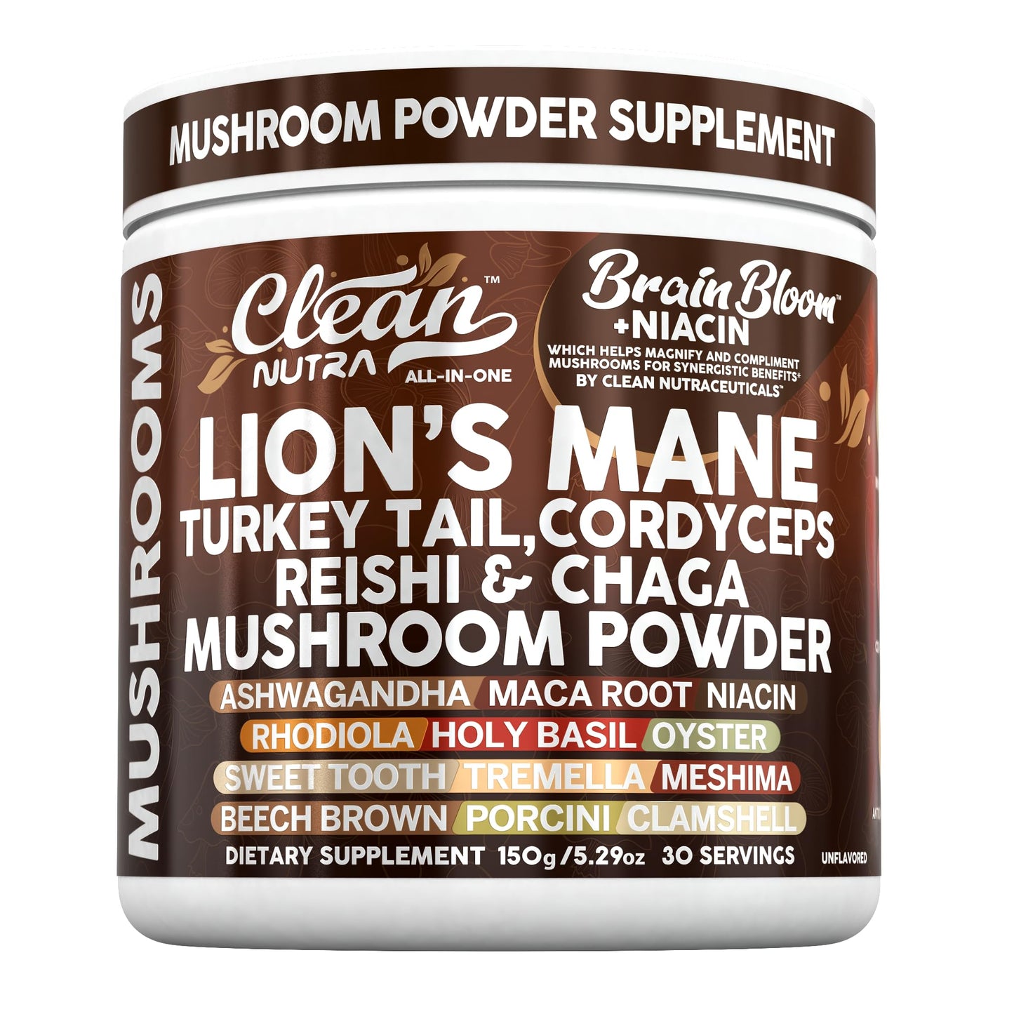 Clean Nutra Lion's Mane Turkey Tail Cordyceps Reishi Chaga Mushroom Powder + Ashwagandha Niacin Calm Stress Memory Adrenal Support Supplements Maca Rhodiola Holy Basil Apaptogen Supplement Unflavored